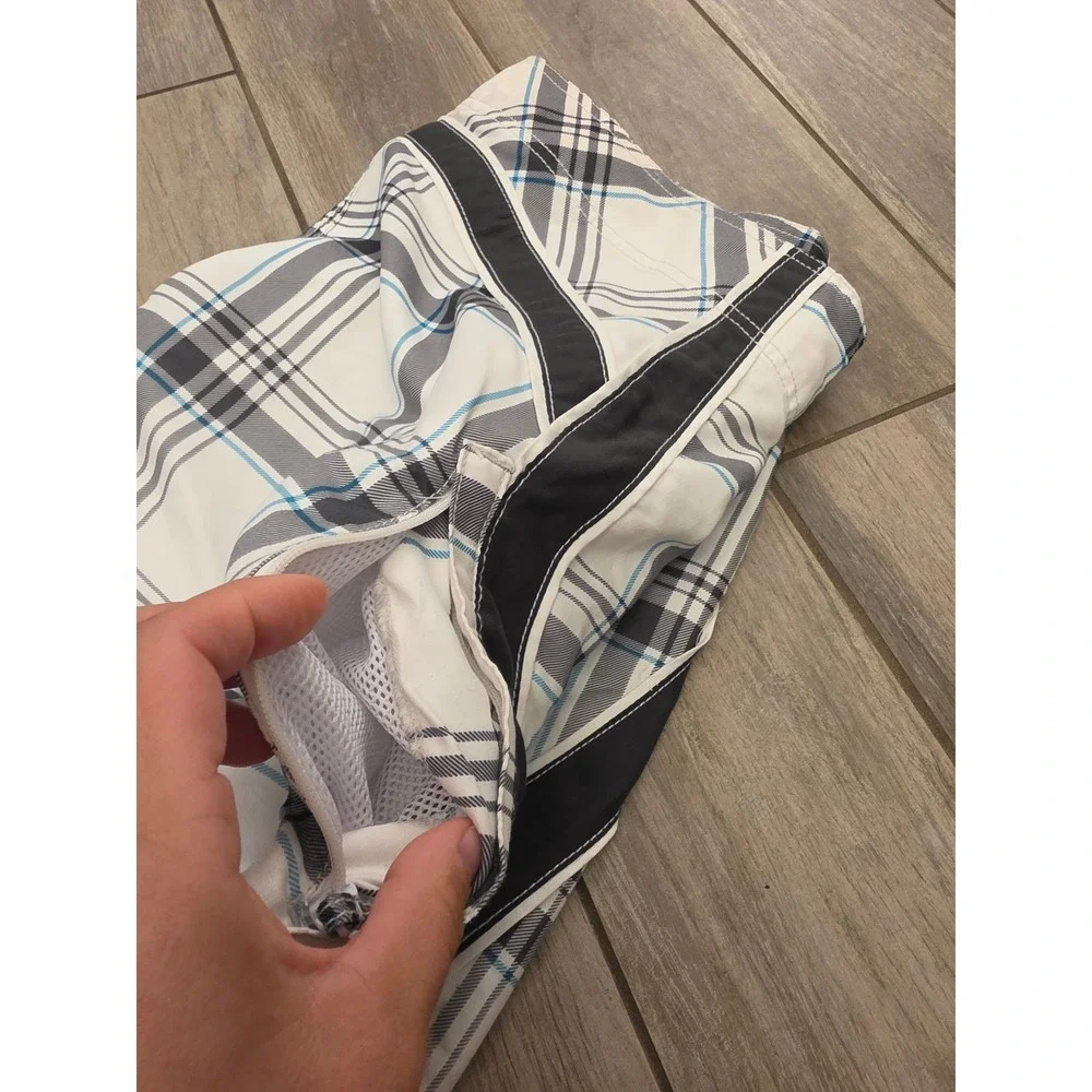 American Eagle Mens Board Shorts XL Plaid White Black Blue Swim Trunks 54485